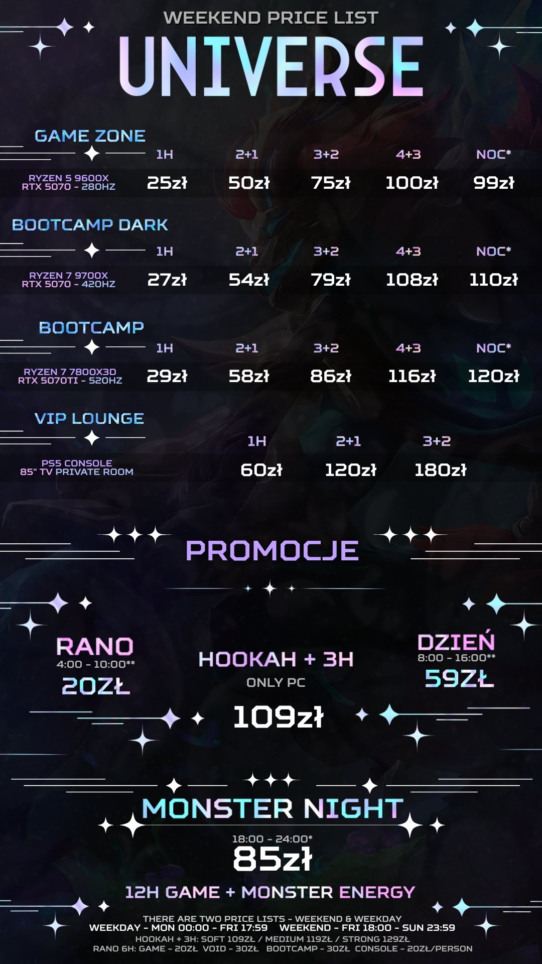 Cennik klubu komputerowego UNIVERSE Kraków — pakiety tygodniowe Game Zone, Bootcamp, VIP, Hookah Room (poniedziałek-piątek)