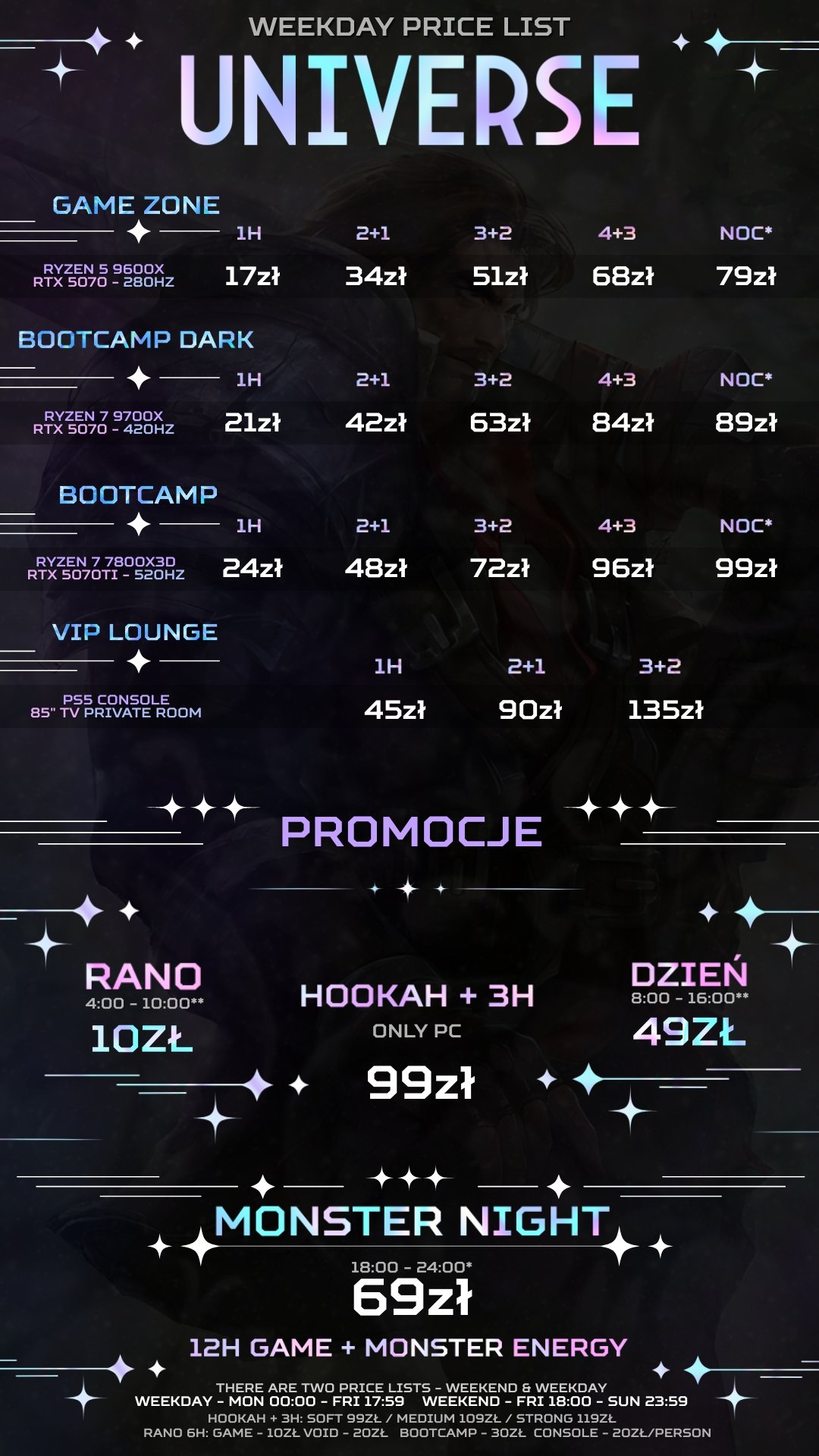 Cennik klubu komputerowego UNIVERSE Kraków — pakiety weekendowe Game Zone, Bootcamp, VIP, Hookah Room (sobota-niedziela)