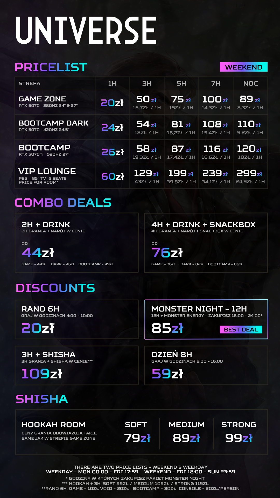 Cennik klubu komputerowego UNIVERSE Kraków — pakiety weekendowe Game Zone, Bootcamp Dark, Bootcamp E-SPORT, Konsole PS5, VIP (sobota-niedziela)