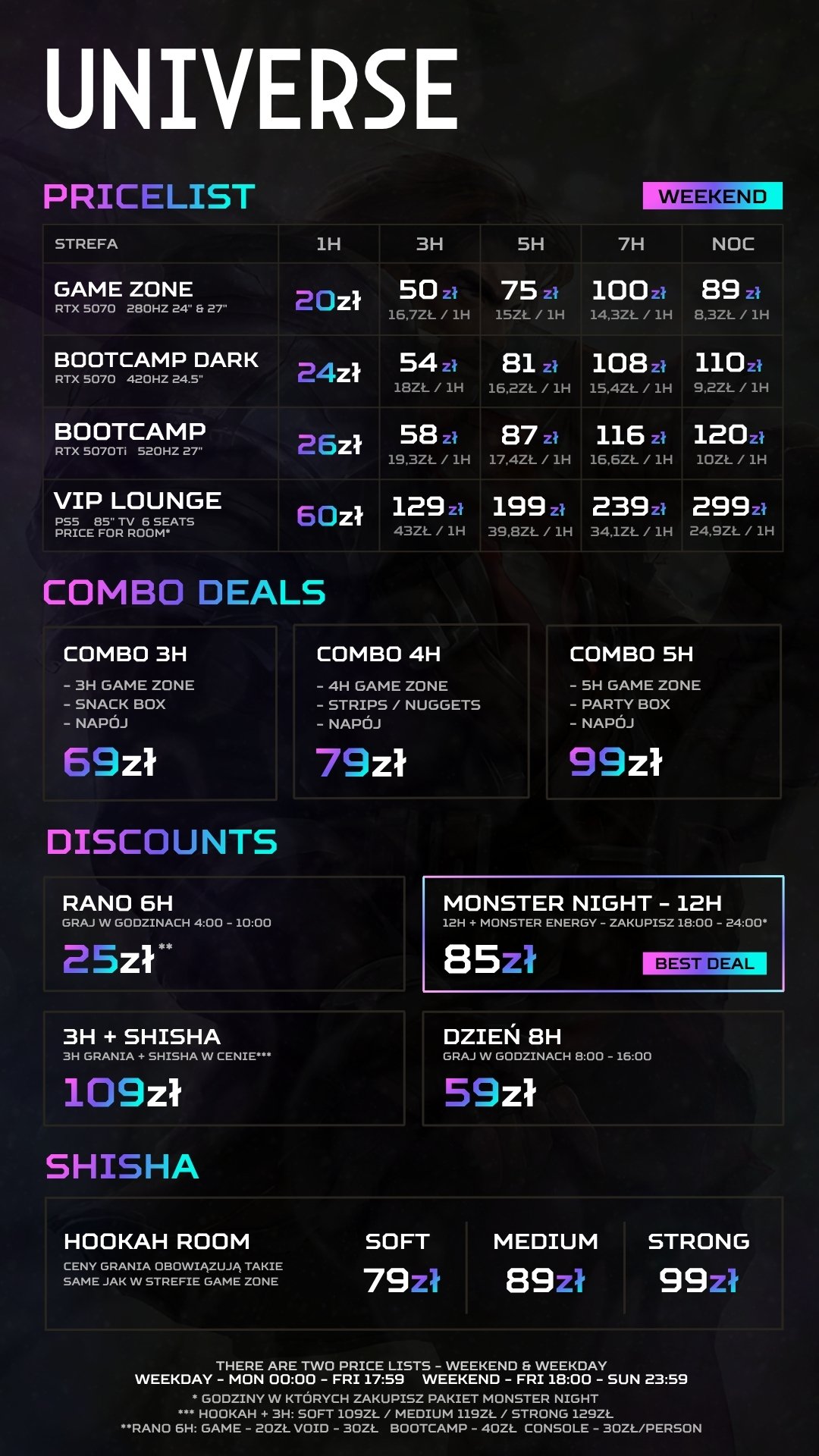 Cennik klubu komputerowego UNIVERSE Kraków — pakiety weekendowe Game Zone, Bootcamp Dark, Bootcamp E-SPORT, VIP Lounge, Combo 3H/4H/5H (sobota-niedziela)